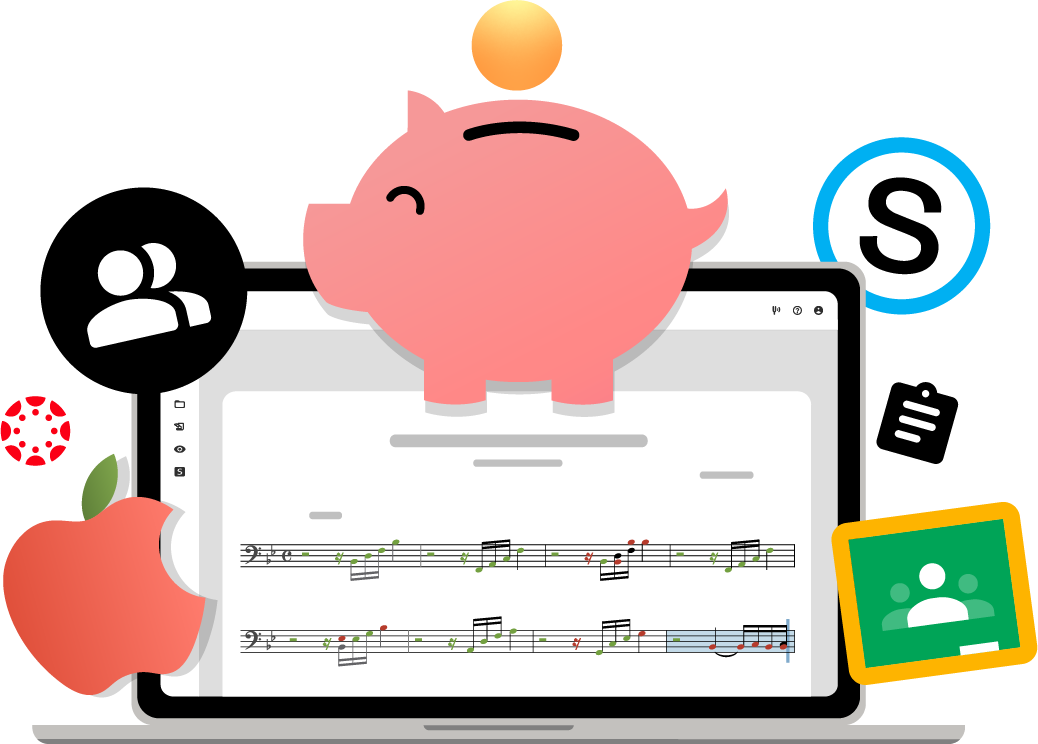 Integrations, budgeting, and classroom solutions, shown on a laptop.
